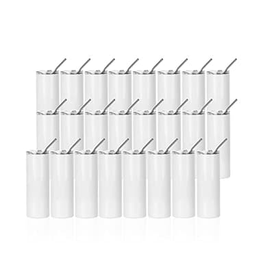 PYD Life 24 Pack Sublimation Tumblers Blanks Skinny 20 OZ White Straight Bulk Stainless Steel Cups with Metal Straw and Lid for Tumbler Heat Press Machine Sublimation Print