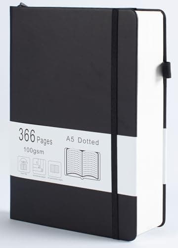 Thick Bullet Notebook with 366 Numbered Pages, A5 Dotted Journal for Writing with 100GSM Dot Grid Paper, Hardcover Leather Notebooks for Women Men School Note Taking Office Work Diary, 5.7"x8.3" Black