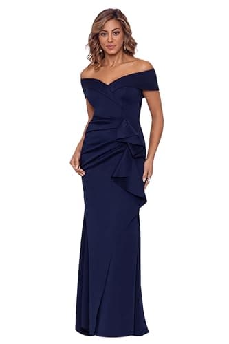 Xscape Women's Long Off The Shoulder Sweetheart Neck Side Ruffle Gown (Reg and Petite), Midnight, 10P