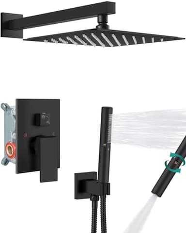 Aolemi Shower Faucet Set, High Pressure Shower System with 2-in-1 Handheld Sprayer, Wall Mount Fixture Combo with Rough-in Valve, 12 Inch Shower Head, Matte Black