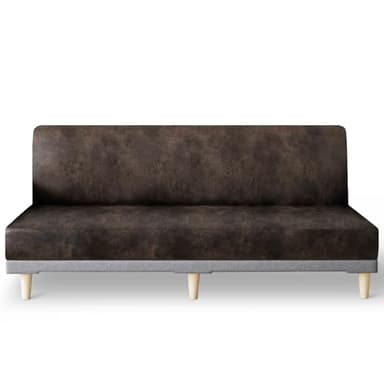 molasofa Leather Like Stretch Futon Slipcover Armless Futon Bed Sofa Cover Furniture Protector with Elastic Bottom, Soft and Washable Futon Cover for Sofa Bed Stay in Place（Larger，Dark Brown）