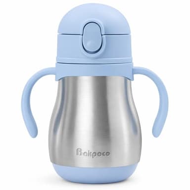 Bakpoco Stainless Steel Straw Sippy Cup for Toddlers 1-3 Years Old, Insulated Toddler Water Bottle Baby Training Tumbler with Handles, 8oz Kids Straw Cups for Travel, Daycare & At Home, Blue