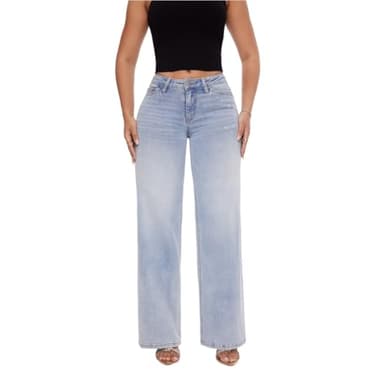 ONESO Mid-Low Rise Baggy Jeans Wide Leg for Women Distressed Pants Stretchy Bottom Lady Basic Comfortable Denim