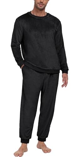 PrinStory Men's Pajama Sets Winter Coral Fleece Long Sleeve Shirts and Bottoms Soft Plush Warm Sleep Sets Loungewear with Pockets Black M