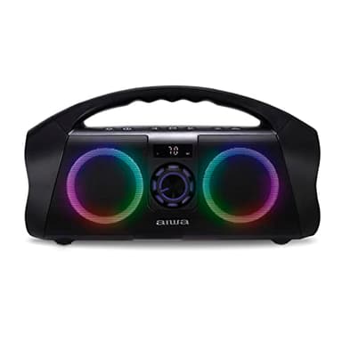 AIWA Portable Boombox - Waterproof Bluetooth Speaker, Rechargeable Wireless Boombox with Multi Color LED Lighting and Digital Display, AUX Input and Carry Handle, 15 Hour Playtime