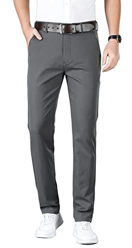 ESSYSHE Men’s Slim Fit Flat Front Dress Pants Wrinkle Free Khaki Casual Pants 8252Grey D30x32