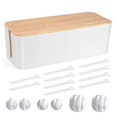 Cable Management Box - Wooden Style Large Cord Organizer Box to Hide Wires & Power Strips | Desk Computer Cable Organizer Box | Safe ABS Material |16" (L) x 6.2" (W) 5.3" (H)|for Home & Office - White