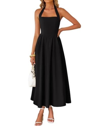 ZESICA Women's Summer Sleeveless Halter Midi Dress 2026 Off Shoulder High Waist Flowy Beach Wedding Guest Long Dresses Black Small