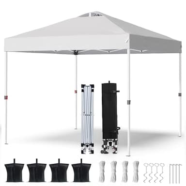 PHONWHON Shades 10x10 Pop Up Canopy with One Push Setup,Heavy Duty Beach Tent with Wheels for Easy Moving, Sun Shelter for Parties,Events, Outdoor Gazebo with 420D Coated Waterproof White Fabric