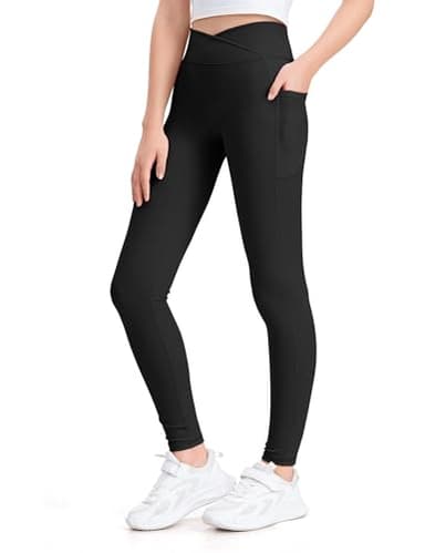 KEREDA Girls Athletic Leggings V Cross Yoga Pants Teen Girls with Pocket for Workout,Gym,Running,Dance Black 11-12 Y