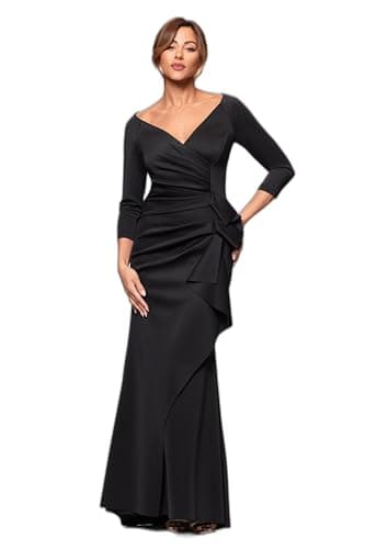 Xscape Women's Long 3/4 Sleeve V-Neck Side Ruched Gown (Reg and Petite), Black, 10P