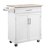HOMCOM Kitchen Island Cart Rolling Trolley Cart with Drawer, Storage Cabinet & Towel Rack, White