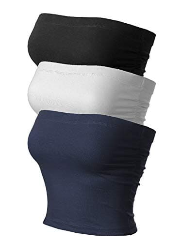 MixMatchy Women's Solid Casual Summer Side Shirring Scrunched Double Layered Tube Top 3PACK - Black/White/Navy L