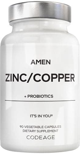 Amen Zinc & Copper Supplement + Probiotics, 3 Months Supply, One Per Day - 50 mg Zinc Picolinate Vitamin Pills - Essential Minerals Supplements – 2 Billion CFUs Probiotic – Vegan, Non-GMO, 90 Capsules