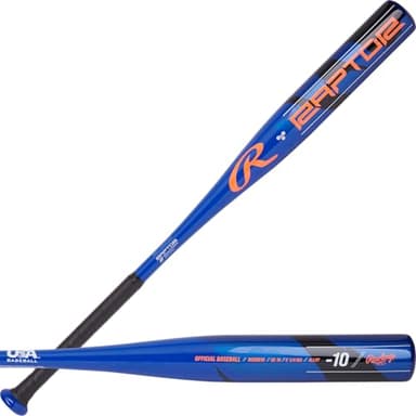 Rawlings | Raptor Baseball Bat | USA | 28-inch | -10 | 1 Pc. Aluminum | Blue/Orange