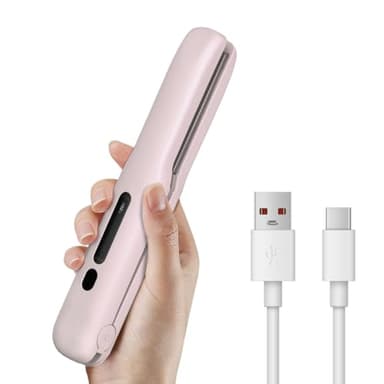 Gosect Cordless Hair Straightener, Mini Travel Flat Iron Rechargeable for Women, Portable Hair Straightener and Curler 2-in-1, Fast Heating, Adjustable Temp for On-The-Go Styling(Pink)