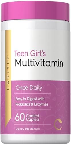 Carlyle Teen Multivitamin for Girls | 60 Caplets | Once Daily | Easy to Digest with Probiotics & Enzymes | with Iron | Non-GMO, Gluten Free