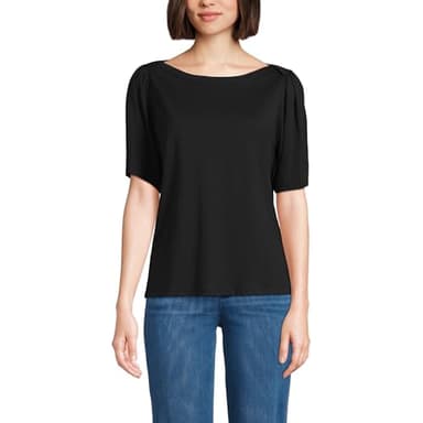 Lands' End Women's Elbow Sleeve Supima Cotton Boatneck T-Shirt Large Black