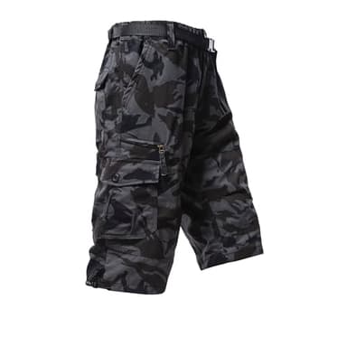 Mylldey Men's Cargo Shorts 3/4 Relaxed Fit Mens Running Shorts 7 Pockets Elastic Waist Cotton Hiking Shorts (Black Camo, L)