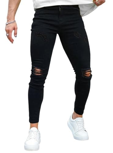 GINGTTO Ripped Jeans Men Stretch Mens Skinny Jeans with Holes Black 32W30L