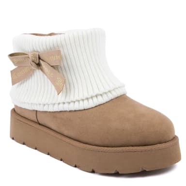 Juicy Couture Women’s Ankle Boots – Micro Suede Booties with Faux Fur Lining, Ribbed Knit Collar, Juicy Logo Bow-Pierre-Natural-10
