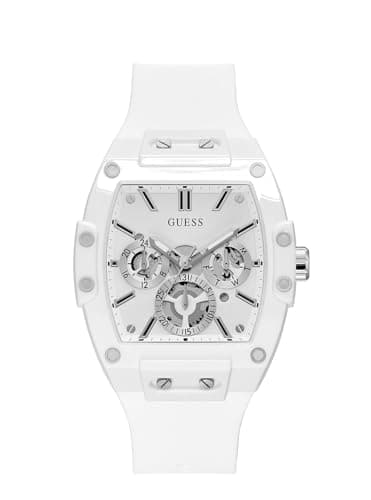 Guess Mens Casual Multifunction 43mm Watch – White Polycarbonate Case, Skeleton Dial & Silicone Strap