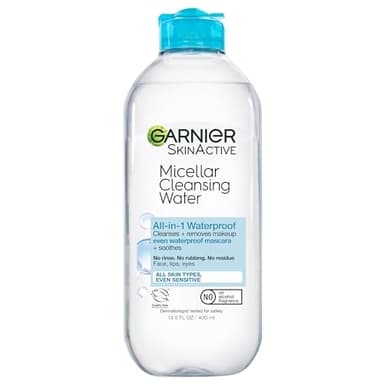 Garnier Micellar Water For Waterproof Makeup, Hydrating Facial Cleanser & Makeup Remover, Suitable for Sensitive Skin, Vegan, Cruelty Free, 13.5 Fl Oz (400mL), 1 Count