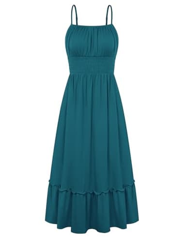 GRACE KARIN 2026 Summer Maxi Dresses for Women, Smocked Spaghetti Strap Long Dress, Flowy Boho Beach Sundress Teal S