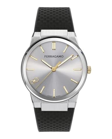 Ferragamo Ferragamo Infinity Sapphire Collection Luxury Mens Watch Timepieces with a Black Strap Featuring a Stainless Steel Case and a Silver Dial