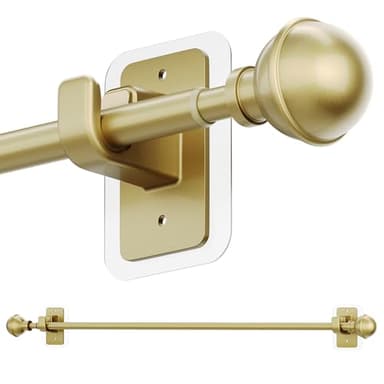 ENJOYBASICS No Drill Curtain Rods for Window 28 to 60 Inches, 5/8 Inch Diameter Renter Friendly Drapery Rod with Adhesive Brackets without Drilling, Adjustable from 27 to 65 Inches, Gold