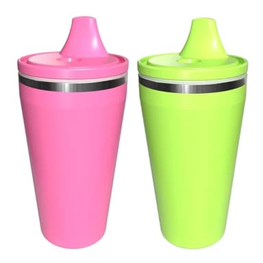 Re-Play 10 oz Insulated Stainless Steel Sippy Cup (2 Pack) - No-Spill Hard Spout Toddler Cup, Keeps Drinks Cold, Dishwasher Safe & Durable - Made in USA, Pink/Lime