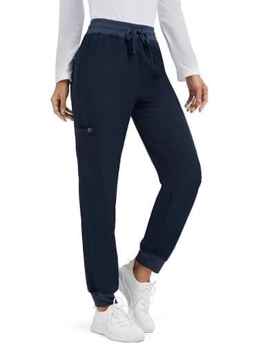 SEVEGO Tall Women Long 32" Inseam Scrub Pants Yoga Jogger 5 Pockets Drawstring Elastic Waist Sweatpants, Navy Blue, S