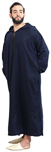 Moroccan Men Djellaba Handmade Winter Cotton Delicate Embroidery Navy Large to X-large