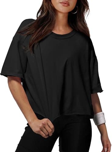 Womens Cotton Tshirts Loose Fit Black Oversized Crop Tops Athletic Running Short Sleeve Drop Shoulder Tee Tops Summer M