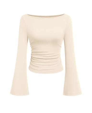 PRETTYGARDEN Womens Long Sleeve Shirts 2026 Spring Crop Going Out Tops Casual Boat Neck Bell Sleeve Ribbed Ruched Y2K Clothes (Beige,Medium)