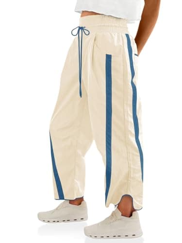 Fisoew Women's Baggy Wide Leg Pants Casual Drawstring Elastic Waisted Contrast Color Workout Y2K Track Pants Beige