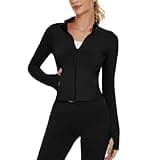 M MOTEEPI Workout Cropped Black Define Jacket Women Running with Zip Pockets Athletic Crop Jackets Yoga Gym Thumb Holes Medium