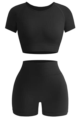 OLCHEE Womens Workout Sets 2 Piece - Seamless Acid Wash Yoga Outfits Shorts and Crop Top Matching Gym Athletic Clothing Set - Solid Black Medium