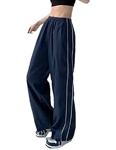 Shebote Womens Parachute Pants Wide Leg Baggy Y2K Elastic Waist Jogger Sweatpants Track Pants Streetwear(0046-DarkBlue-M)