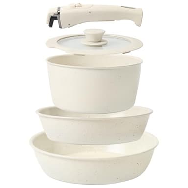Tibbicc Pots and Pans Set Non Stick, Ceramic Cookware Set Nonstick Frying Pans 5 Pcs-Non Toxic PFAS/PFOA/PTFE Free, with Detachable Handle for RV Kitchen, Induction & Dishwasher Safe Cream White