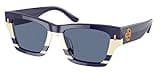 Tory Burch Women's TY7169U Universal Fit Rectangular Sunglasses, Navy Ivory Vintage Strip, 52mm