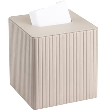 KINGFOM Tissue Box Cover, PU Leather Square Tissue Box Holder for Kleenexs with Magnetic Bottom Cover for Facial Tissues/Napkins, Office & Living Room Decor Box (Beige Strips)