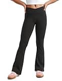 CRZ YOGA Girls Butterluxe Crossover Flare Leggings - Kids High Waist V Cross Bell Bottoms Bootcut Lounge Active Yoga Pants Black Medium