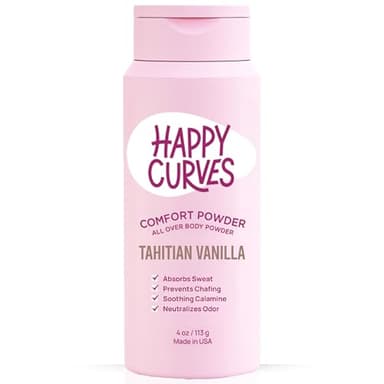 HAPPY CURVES Comfort Powder: Talc Free Anti Chafe Body & Foot Dusting Powder Deodorant for Inner Thigh Chafing, Private Areas, and All Over Body for Women 4oz (Pack of 1), Tahitian Vanilla