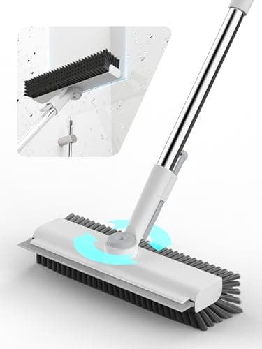 HelpX Floor Scrub Brush with Long Handle, 3 in 1 Scrape and Heavy-Duty Stiff Bristle Floor Scrubber Brush with Squeegee and Tweezer for Cleaning Tile Wall Deck Bathroom Patio Garage Kitchen (White)