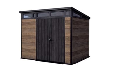 Keter Signature Collection 9x7 Ft All-Weather Storage Shed with Skylight, Window, Built-in Ventilation, Customizable Walls, & Lockable Double Doors, Walnut
