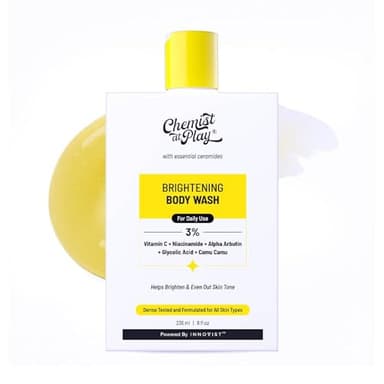 Chemist at Play Brightening Body Wash|Glowing Skin Vitamin C Bodywash | Helps to Reduce Fades Dark Spots, Evens out Skin Tone | Alpha Arbutin| 30X Vitamin C with Camu Camu |For Women & Men | 8 Fl oz
