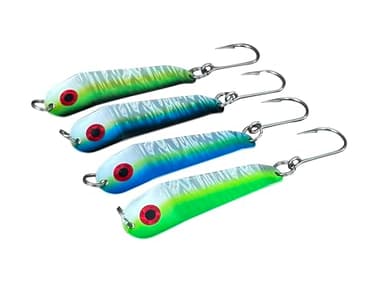 Loony Spoons - Premium Fishing Lures - Set of 4 - Salmon, Lake Trout - Walleye (Herring Aid, Green Hornet, Blue Dorado and Lemon Lime) (Size 3-3.125")
