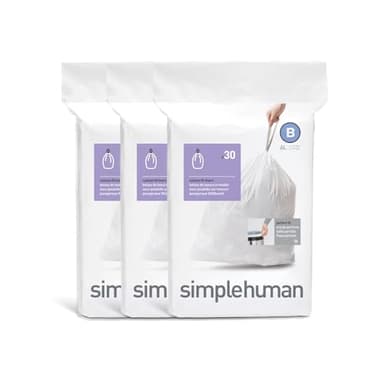 simplehuman Code B 90 Count, Dispenser Pack Custom Fit Liners, Drawstring Trash Bags, 6 Liter / 1.6 Gallon, White