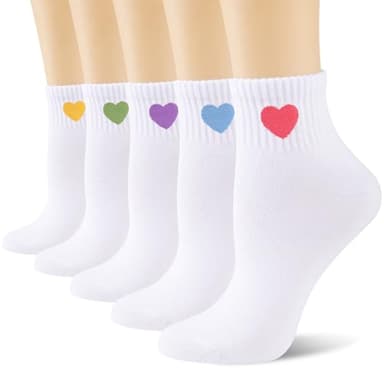 eallco Womens Cute Ankle Socks Cotton Crew Quarter Above Ankle High Socks Heart Design 5 Pairs